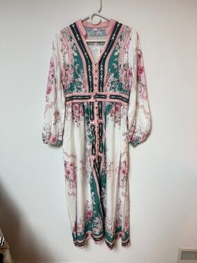 Floral V-Neck Boho Maxi Dress in Pink & Green
